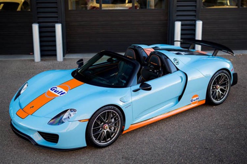 An incredible Gulf Blue and orange 2015 Porsche 918 Spyder is for sale